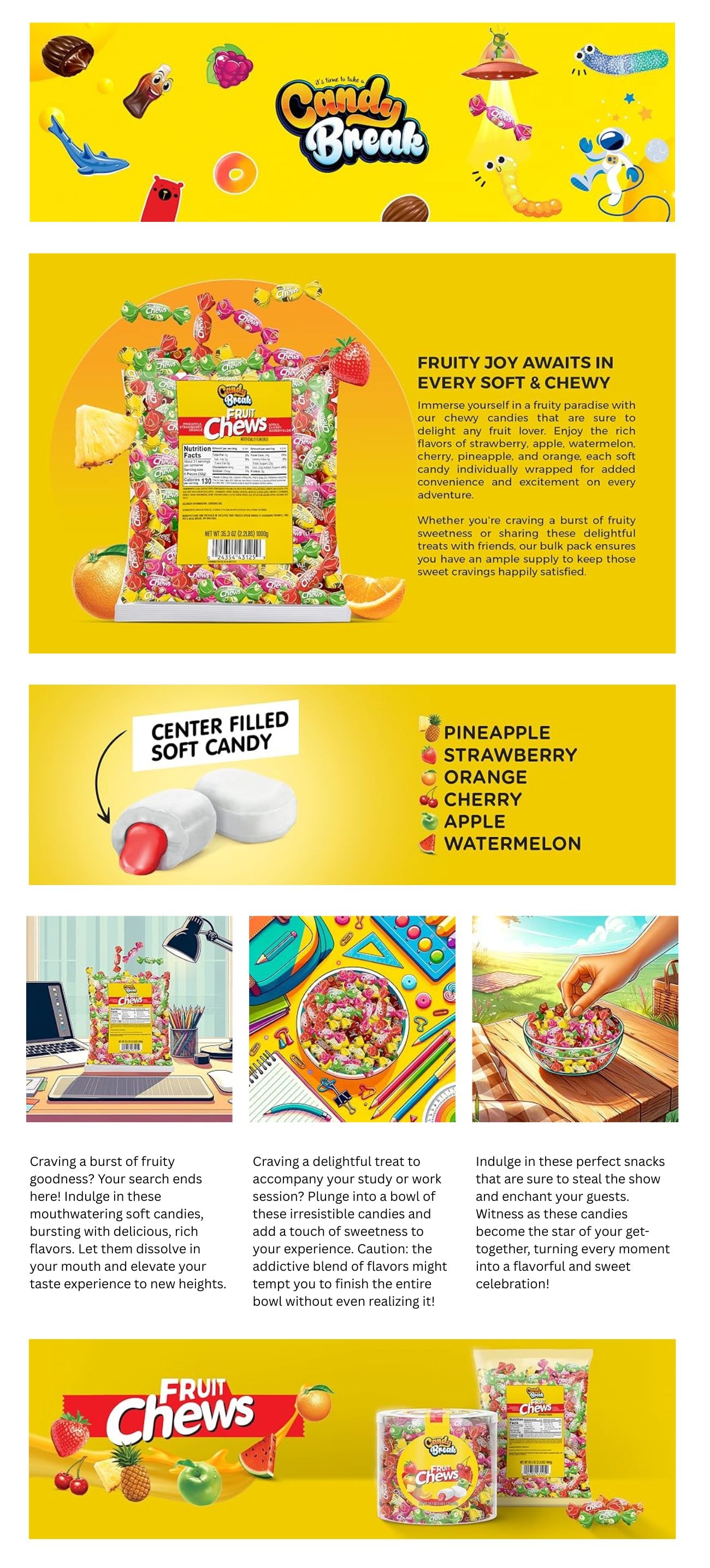 Fruit Chews 2.2 lb Bag – Assorted Center Filled Soft Candy with Pineapple, Strawberry, Orange, Cherry, Apple & Watermelon Flavors