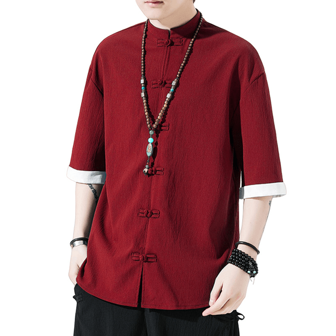 Chinese Style Viscose Anti-fold Retro Button Mid Sleeve Shirt Red XXXX-Large