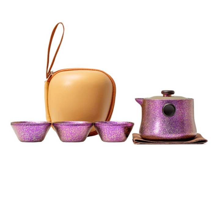 【中国直邮】 一品仟堂 纯钛旅行茶具钛杯套装便携快客杯 双耳粉紫 一壶三杯 壶245毫升