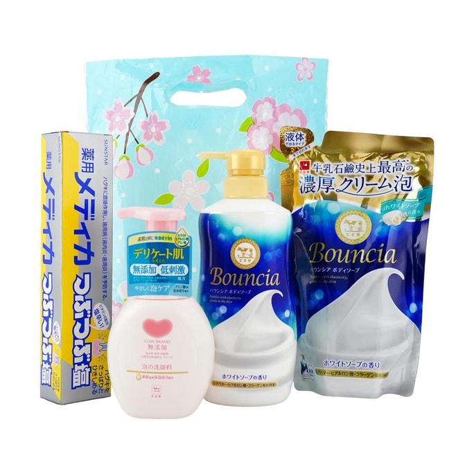 【亞米超值裝】日本COW牛乳石鹼共進社 BOUNCIA牛奶花香濃密泡沫沐浴乳含補充裝+敏感肌神經醯胺保濕洗面乳 + 日本SUNSTAR 顆粒結晶鹽牙膏去牙漬