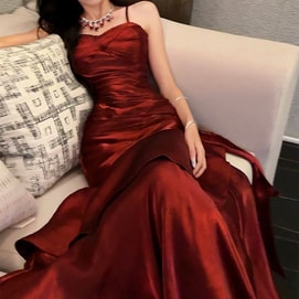 【中国直邮】 HSPM 人鱼姬荷叶边高端红色连衣裙成人礼宴会晚礼服 勃艮第红小个子款 XL