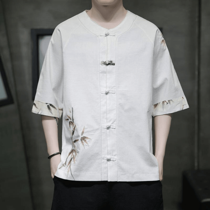 Chinese Style Flax Embroidery Knot Button Short Sleeve Tang Suit Blouse White 2XL