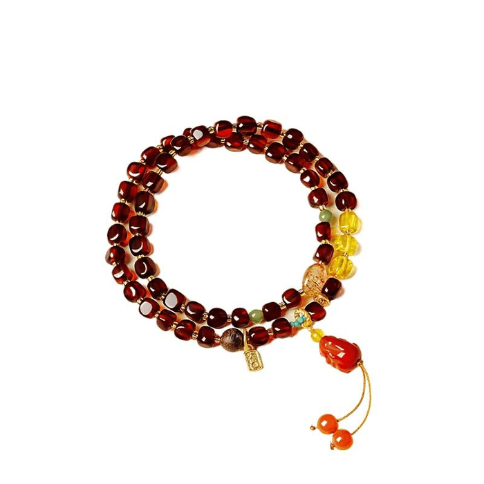 【中国直邮】 故宫文创 故院文创 琥珀手串女天然血珀红色手链多圈叠戴 绛珠衔财 16cm