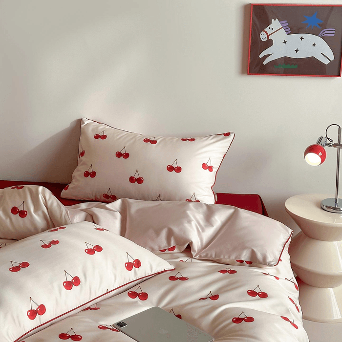 [중국 직배송] 럴러바이 스위트 슬립 귀여운 체리 순면 침구 세트 (4피스) - 핑크 (더블)