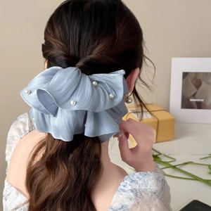 Korean-style Hair Accessories Sweet Age-reducing Pleated Scrunchie, Super Fairy Pearl Hair Flower from Xiaohongshu, Navy Blue F 1Piece