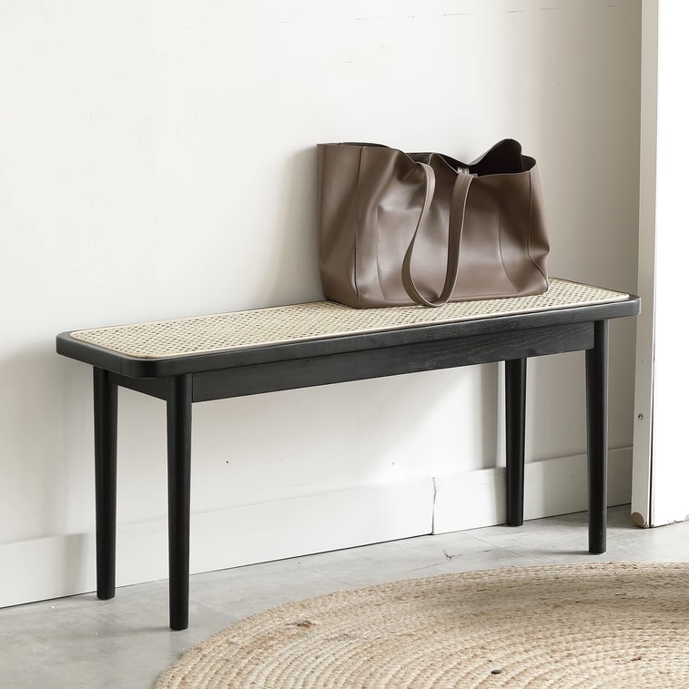 Product Detail - Natural Solid Oak Black Bench With Rattan Design Rounded Edge (X160T76100) - image5