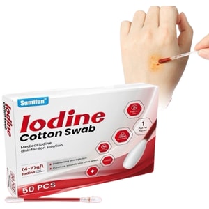 Disposable Iodine Swabs 50pcs Medical-Grade Povidone Lodine Cotton Swabs for [Wound Disinfection ] Individually Wrapped Cotton Swab Wood Stick Double Head Cotton Stick Makeup Swab For Sterlize