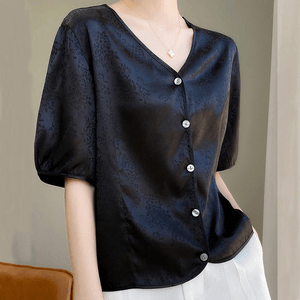 【中國直郵】 ASIS 風真絲提花中袖V領T卹上衣-黑色 M