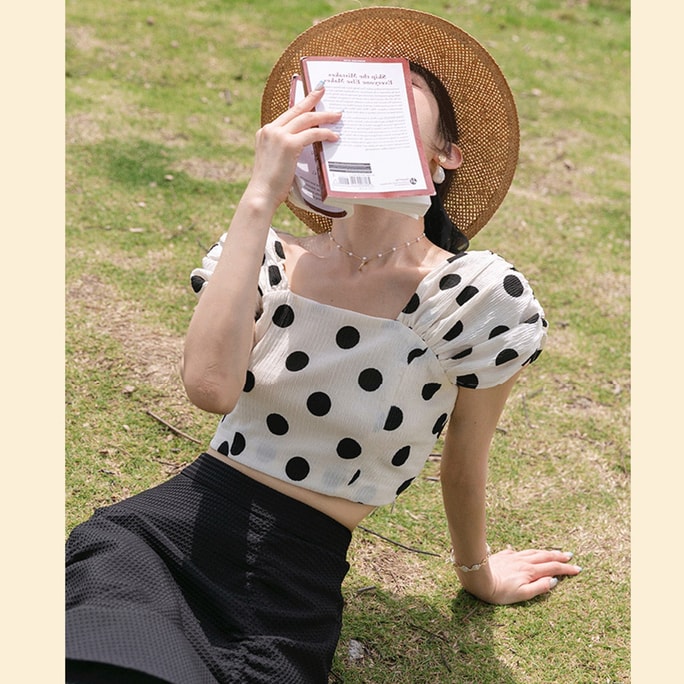 HSPM New Square Neck Bubble Sleeve Short Sleeved T-Shirt Polka Dot Top S
