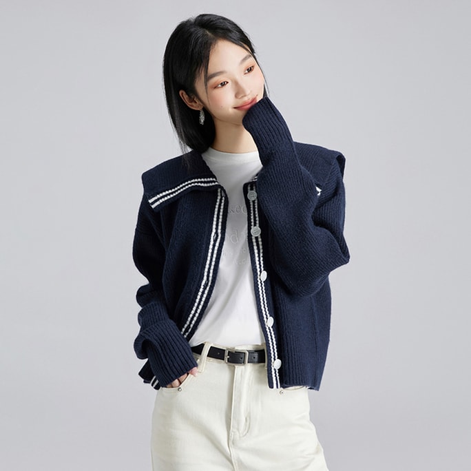 [중국 직배송] HSPM 뉴 컬리지 스타일 네이비 넥 스웨터 네이비블루 M