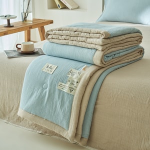 【中国直邮】 柏意 水洗棉双层纱大豆夏被凉被空调被 200x230cm夏被四件套 床单230x250cm 双层纱-清新蓝