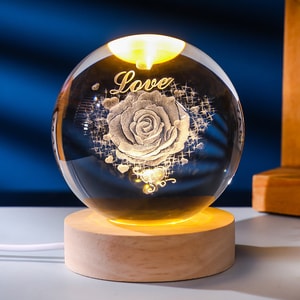 Shuiyue Qinhuai Crystal Ball Lamp "New Rose" 6cm - 3D carved crystal ball with warm light, USB powered, no voltage worry, gift boxed. Perfect for Valentine's & Birthday.