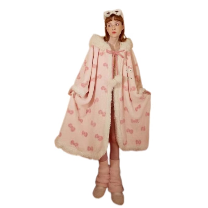 【中国直邮】 FOXTAIL Hello Kitty蝴蝶结斗篷 毛绒女士家居服/珊瑚绒睡袍/冬季新款少女甜美风-M码 1件*|