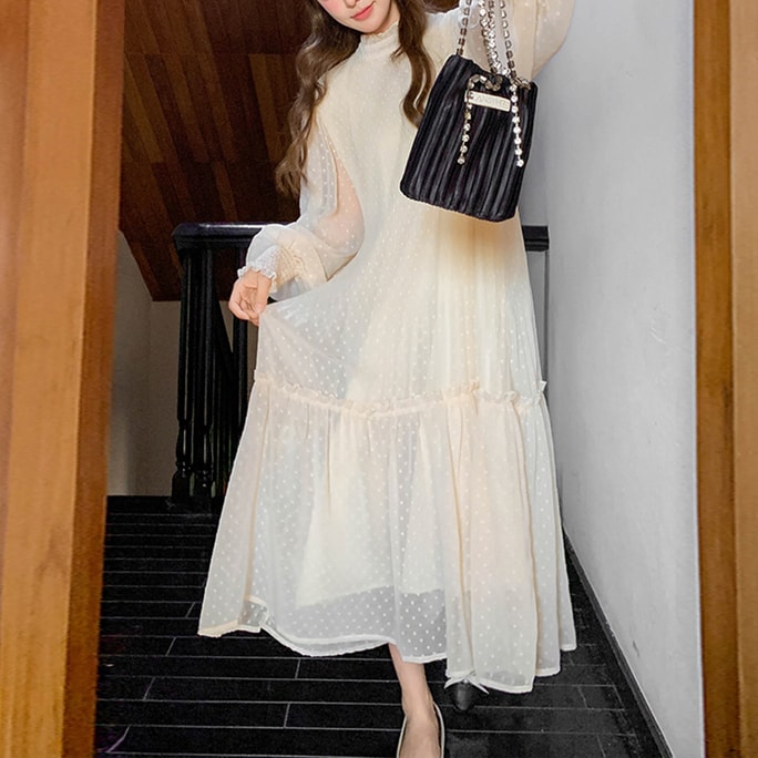 New French Gentle Style Versatile Polka Dot Dress White F