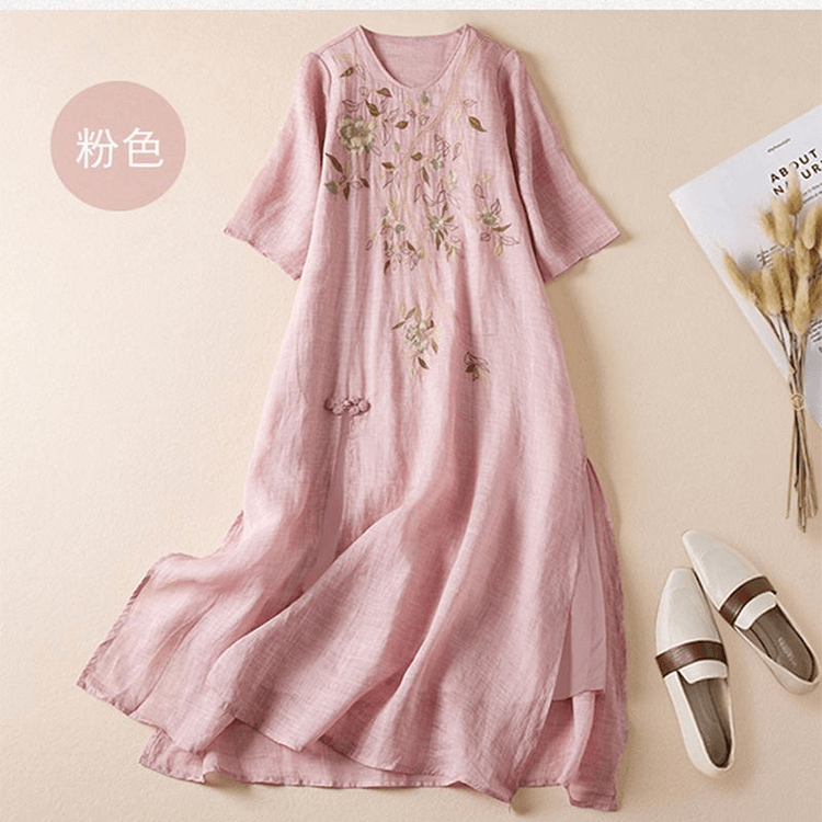 pink frog dress Chinese Style Cotton Linen Embroidered Frog Button Side Slit Mid-sleeve  Dress Pink M