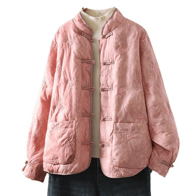 Chinese Style Winter Stand Collar Embroidered Retro Button Coat Pink L