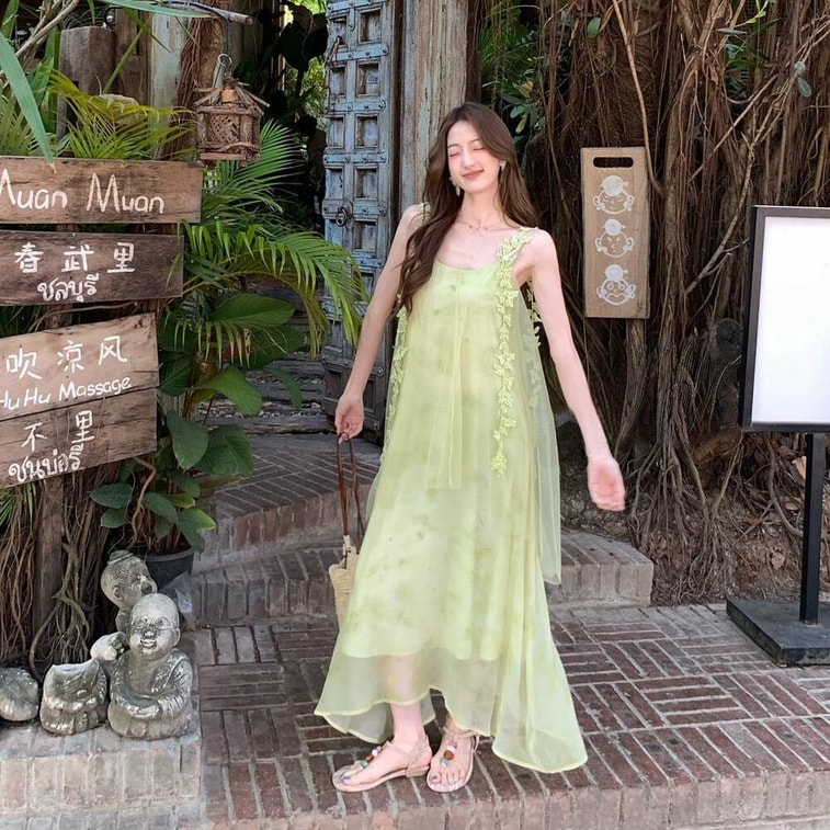 [캐나다 직배송] 시나리오 가든 시스루 맥시 드레스, 사이즈 S-M, 색상: 그린, 라이트 그린 (사이즈 S) 4