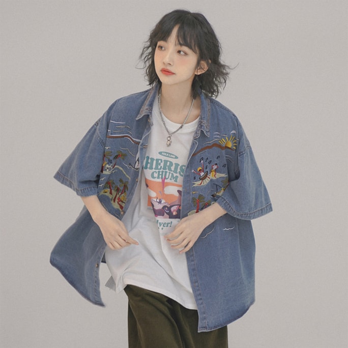 【중국에서 직접 우편】 HSPM New Retro 자수 캐주얼 셔츠 재킷 블루 M