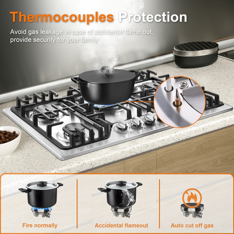 Amzgachfktch 30 Inch 5 Burners Built-In Gas Cooktop With Griddle NG/LPG Convertible 304 Stainless Steel Panel 3