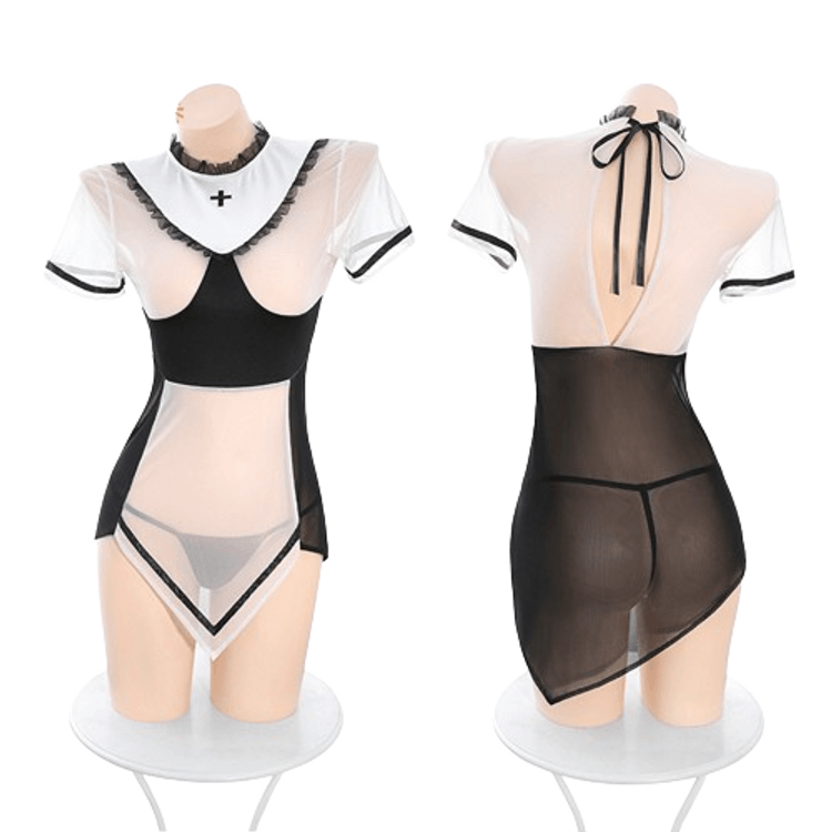Rebellious nun backless see-through dress sexy lingerie sexy naked butt  uniform - Yami.com