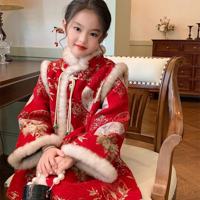 New Chinese Style New Year Childrens New Years Clothing Qipao Red Velvet Dress 100