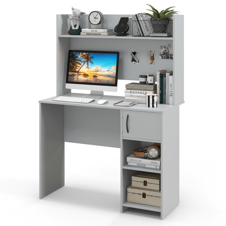 41.5 Inch Home Office Desk With Raised Display Shelf And 2 Open Shelves-Gray 3