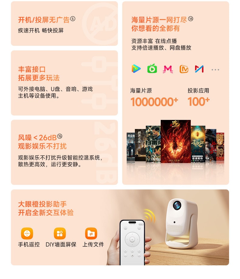 【中国直邮】 小米有品 大眼橙C3Air投影仪高亮家用高清放映机1080P4K解码影院卧室无需幕布可连手机