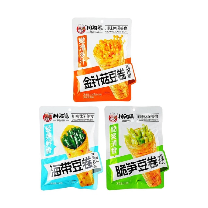 川阿婆 金针菇豆卷+海带豆卷+脆笋豆卷 3包 374g【3口味组合装】