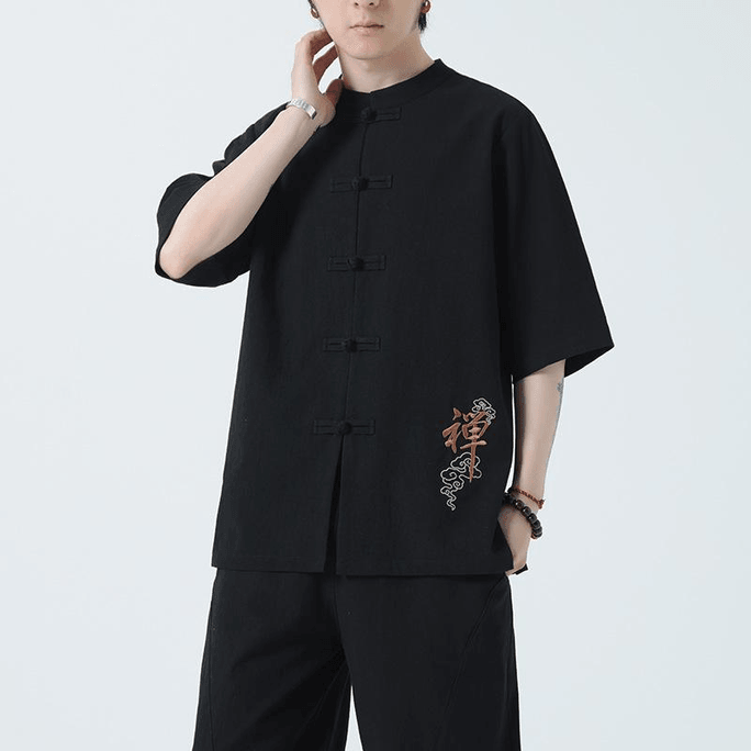 Chinese Style Thin Solid Embroidery Knot Button Tang Suit Hanfu Shirt Black 2XL