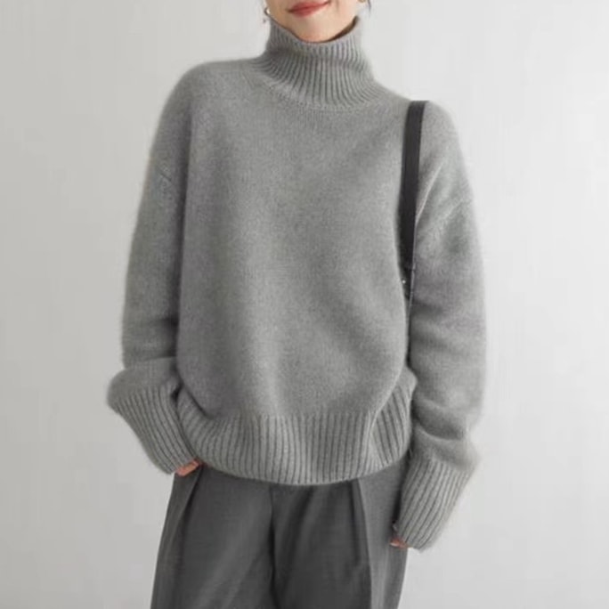 New Thick High Neck Loose And Versatile Knitted Shirt In Grey S