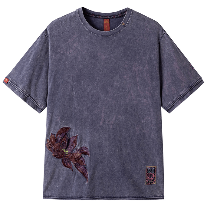 Chinese Style Embroidered Cotton Short Sleeve T-shirt For Men Women PurpleSmall