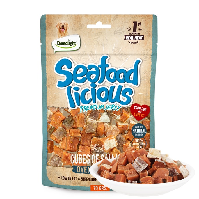 美国 Dentalight Seafood Licious 优质肉干狗狗训练零食三文鱼块Omega-3 和鱼油高蛋白无谷物70 克
