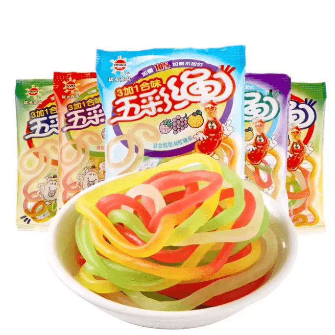 【中國直郵】 優卡 五彩繩軟糖麵條糖彩虹跳跳繩糖橡皮糖Q糖皮筋兒童懷舊小零食 12g*5包