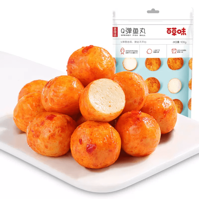 【中國直郵】百草味Q彈魚丸108g/袋辣味魚蛋即食海鮮特產休閒零食小吃