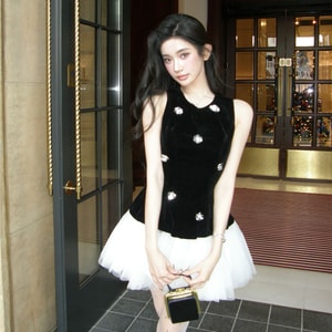 Rich Girl Style Dress Tulle Puff Princess Dress Velvet Little Black Dress Black XS