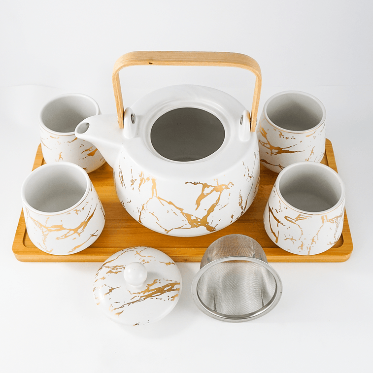 대나무 트레이 대리석 화이트가 포함된 일본 차 세트 3