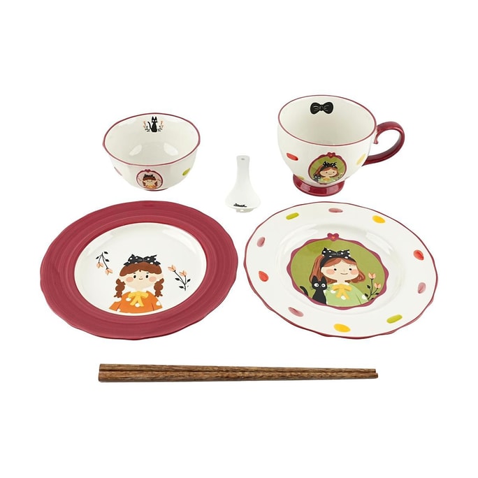 One Person Dining Set of 6 Pieces - 1 Bowl, 1 Breakfast Cup, 1 Pair of Chopsticks, 2 Floral 8-Inch Plates, 1 Small Spoon