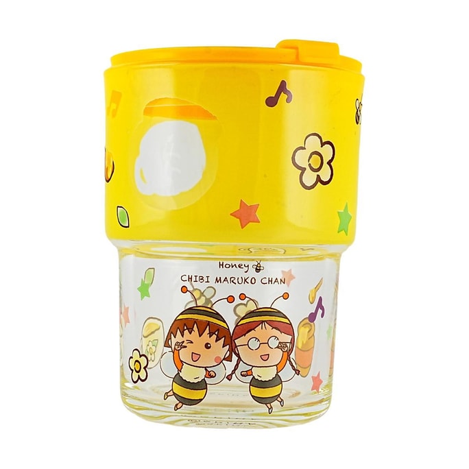 Chibi Maruko-chan Glass Cup with Straw, Heat-Resistant Drinking Cup, Yellow 420ml
