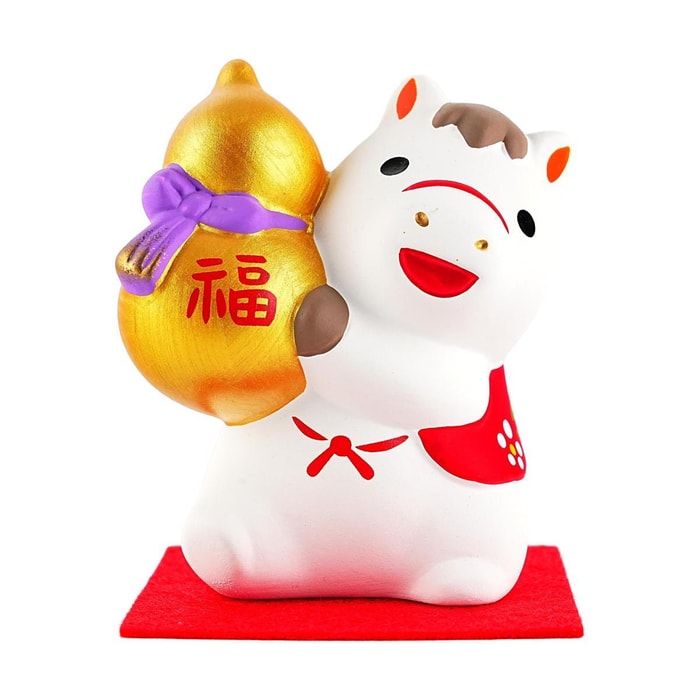 New Year Horse Figurine, White Pony with Golden Fortune Hulu, Japanese Style Ceramic Home Decor