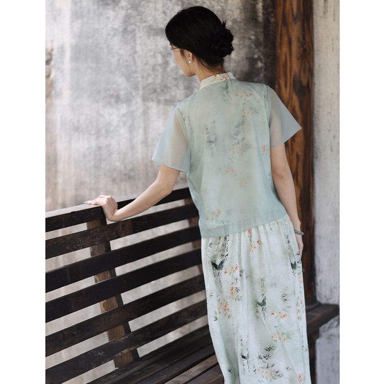 HSPM New Chinese Style Chinese Style Printing Set Two-Piece Set Light Green S 3
