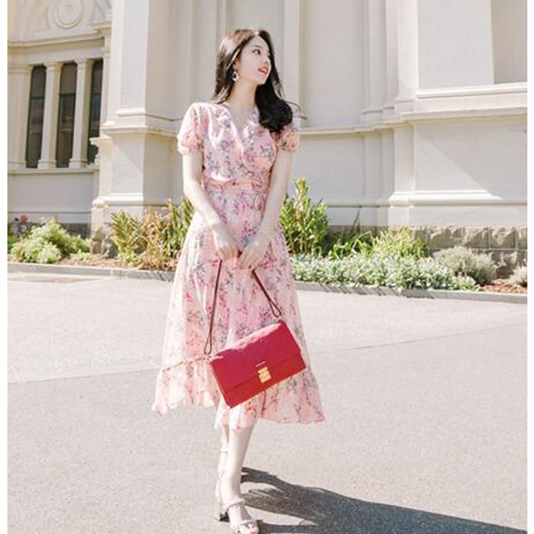 New Korean Women Summer short sleeves Floral Chiffon V collar Sexy  Lady dress - Yami.com