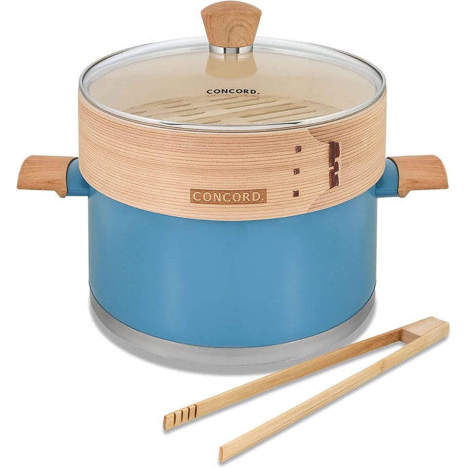 CONCORD 10" Stainless Steel Steamer Pot with Natural Bamboo Steamer 24 CM Steaming Cookware (Lagoon/Bamboo)