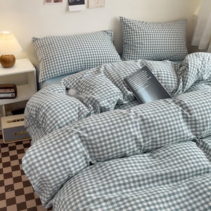 [중국발 다이렉트 메일] HSPM 뉴 북미 맞춤형 고급 워싱 코튼 침구 4개 세트(시트*1 이불 커버*1 베갯잇*2) 16색 선택 가능 퀸 228x248cm 4피스 세트 라이트 블루 체크무늬