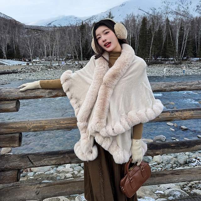 Stylish Versatile Fleece Collar Shawl Coat, Double-Layered Cape
