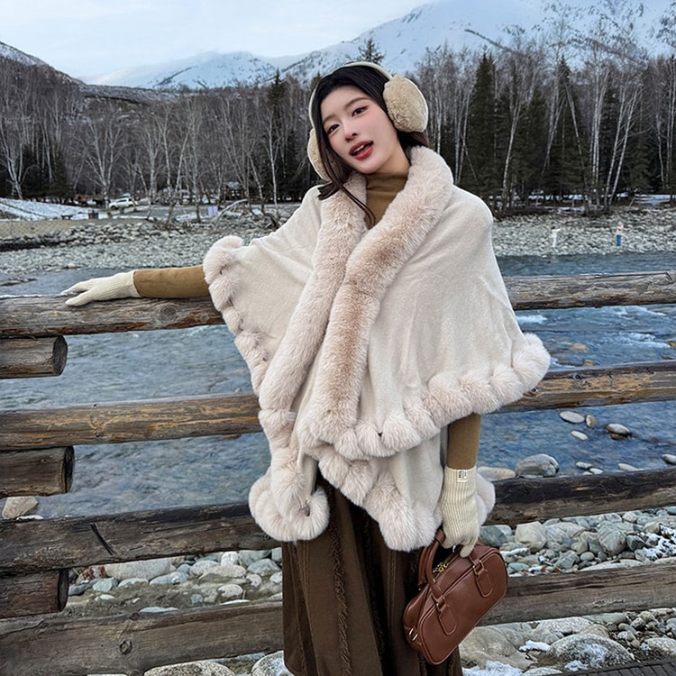 Stylish Versatile Fleece Collar Shawl Coat, Double-Layered Cape