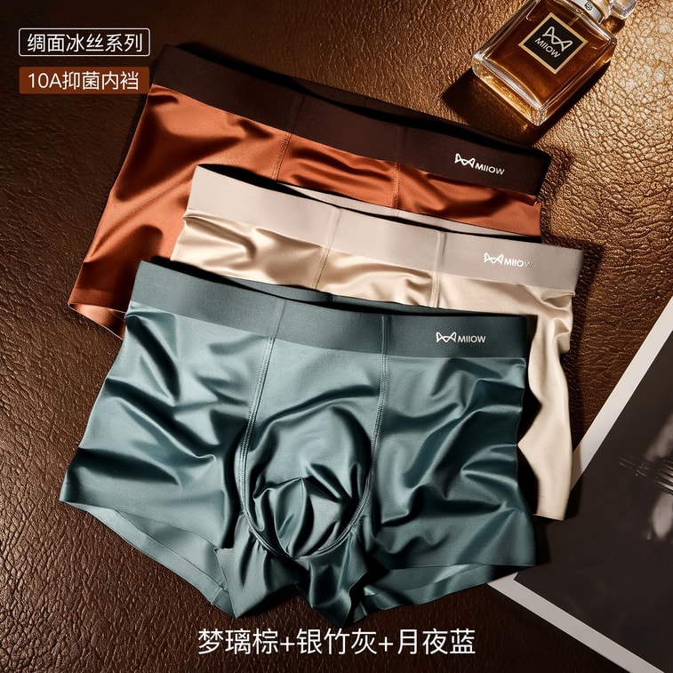 [중국 직배송] 마오런 남성 속옷, 아이스 실크 통기성 항균 여름 고급 새틴 소재 얇고 루즈한 4부 반바지, 오리지널 컬러 (4개입) 1팩 7