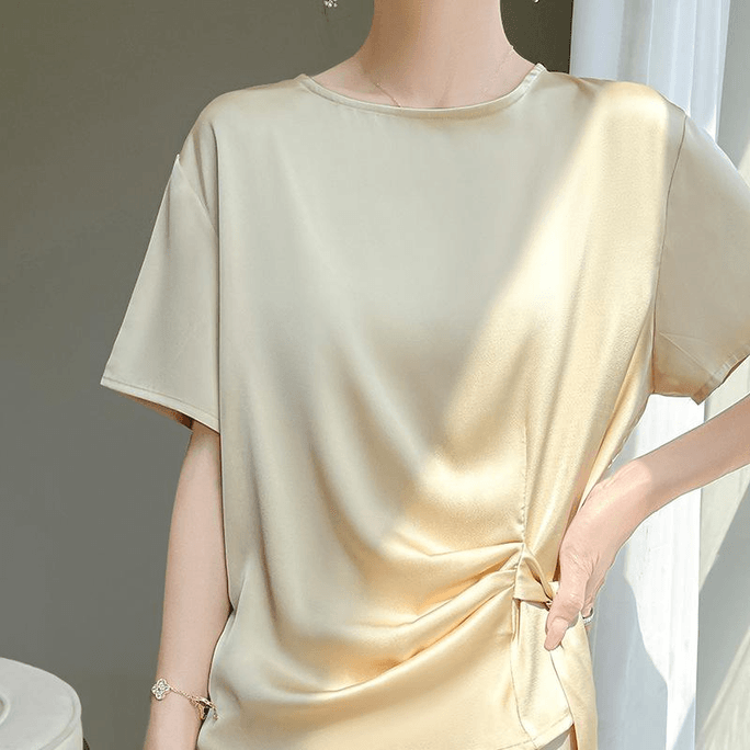 Chinese Style Stain Slim Waist with Box Short Sleeves Shirt Tops Beige 2XL