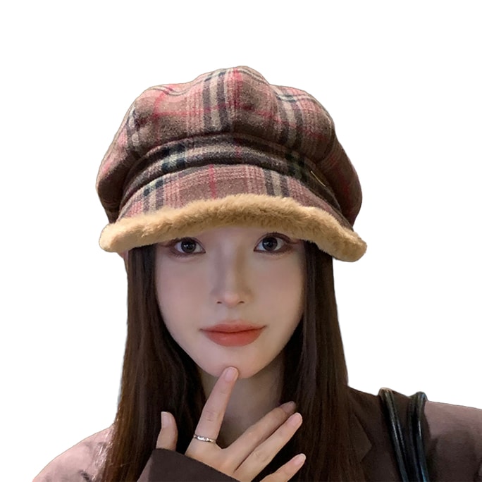 【中国直邮】 HSPM 秋冬季复古格子加绒堆堆贝雷帽韩版显脸保暖百搭休闲 红咖F 一个