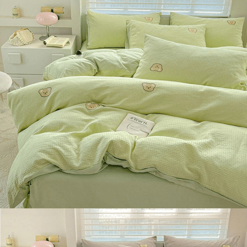 【中国直邮】 Lullabuy 华夫格小熊刺绣纯棉床上四件套(床笠款) 黄绿色-Queen