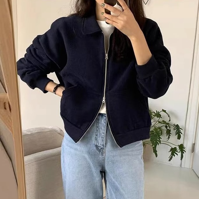 【中国直送】HSPM 新品 ゆったり両口ジッパー 老化防止 ラペル カーディガン セーター ジャケット ネイビー M